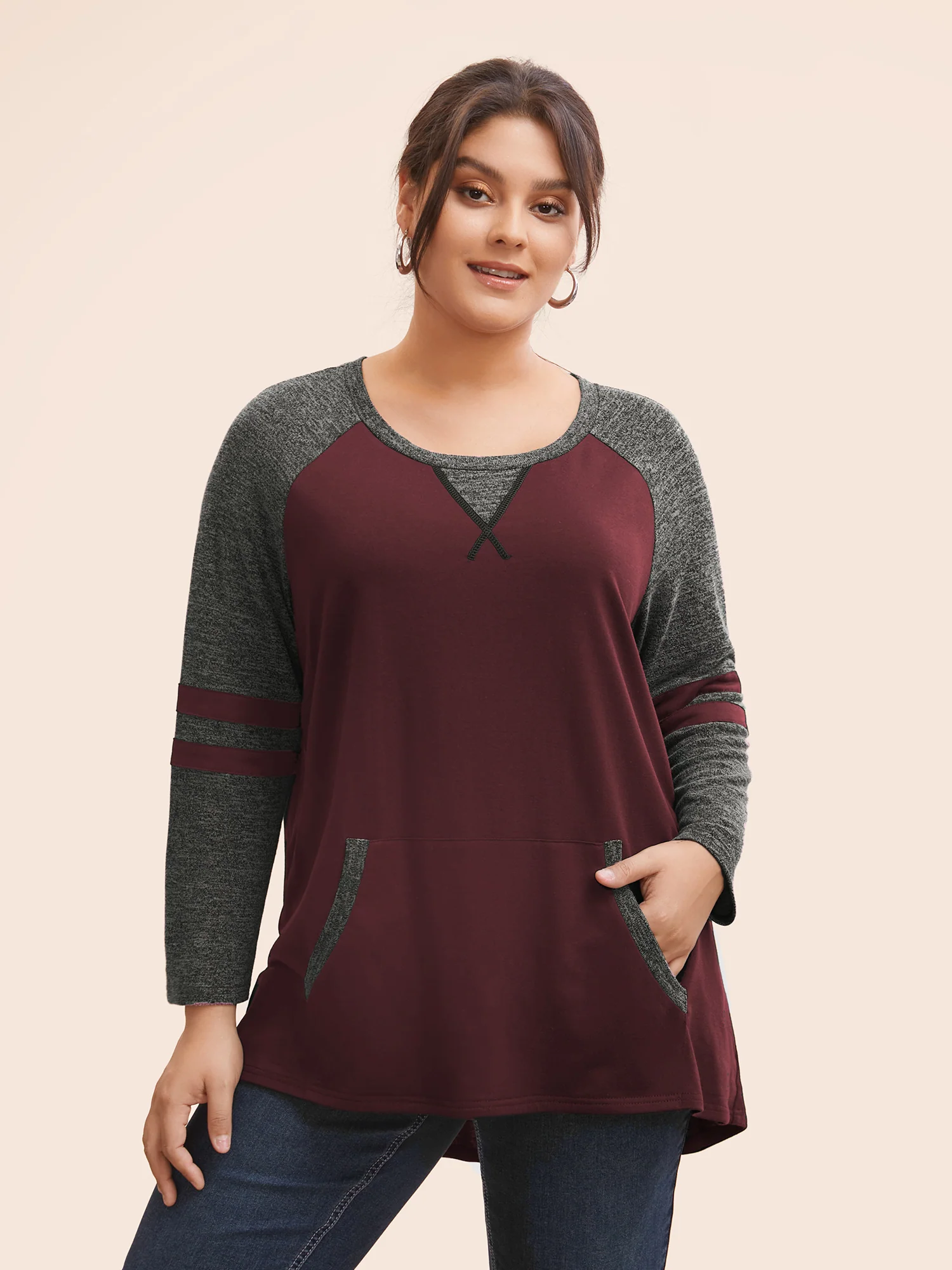 Striped Contrast Pocket Raglan Sleeve High Low Hem Sweatshirt - Image 35