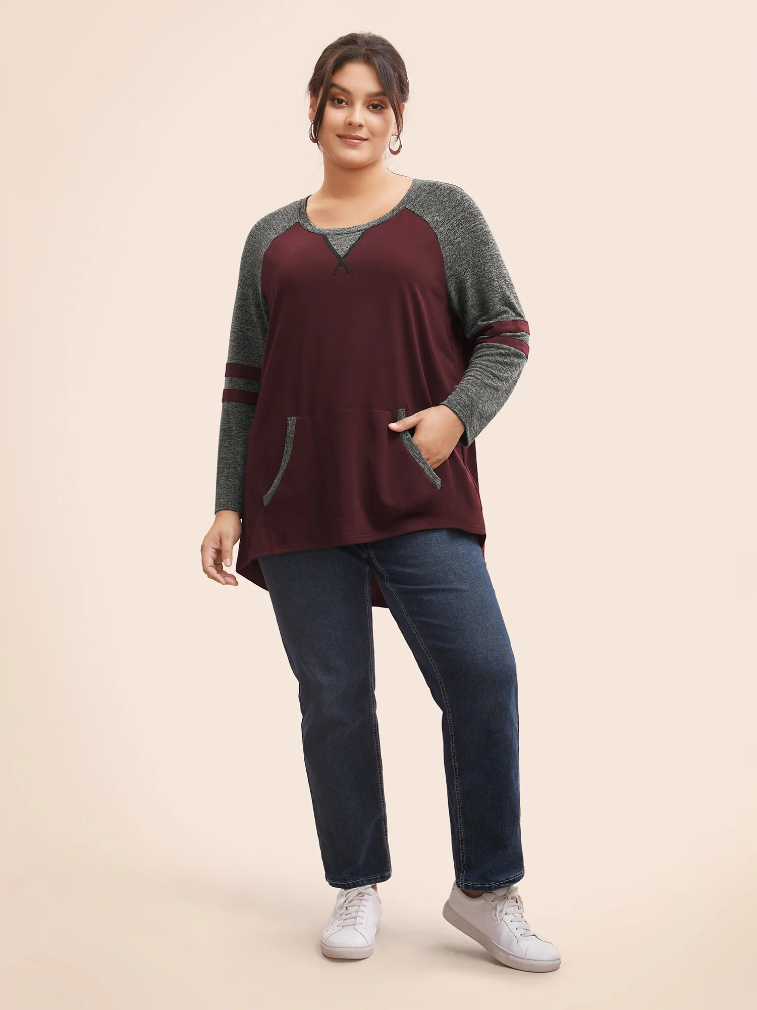 Striped Contrast Pocket Raglan Sleeve High Low Hem Sweatshirt - Image 36