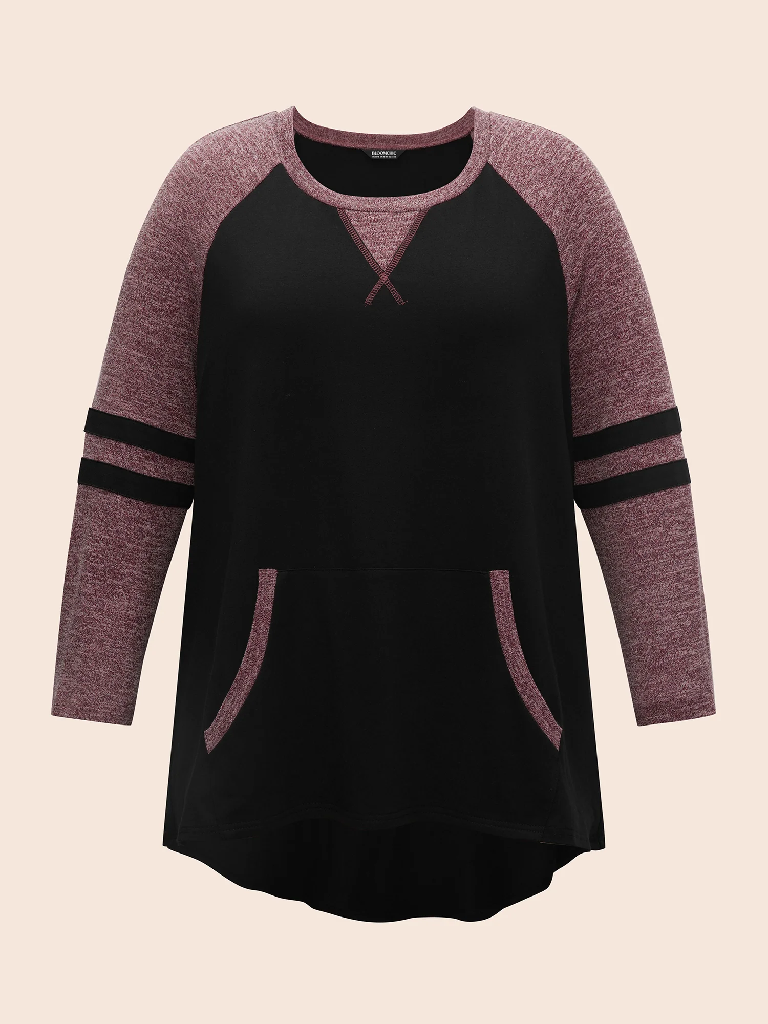 Striped Contrast Pocket Raglan Sleeve High Low Hem Sweatshirt - Image 7