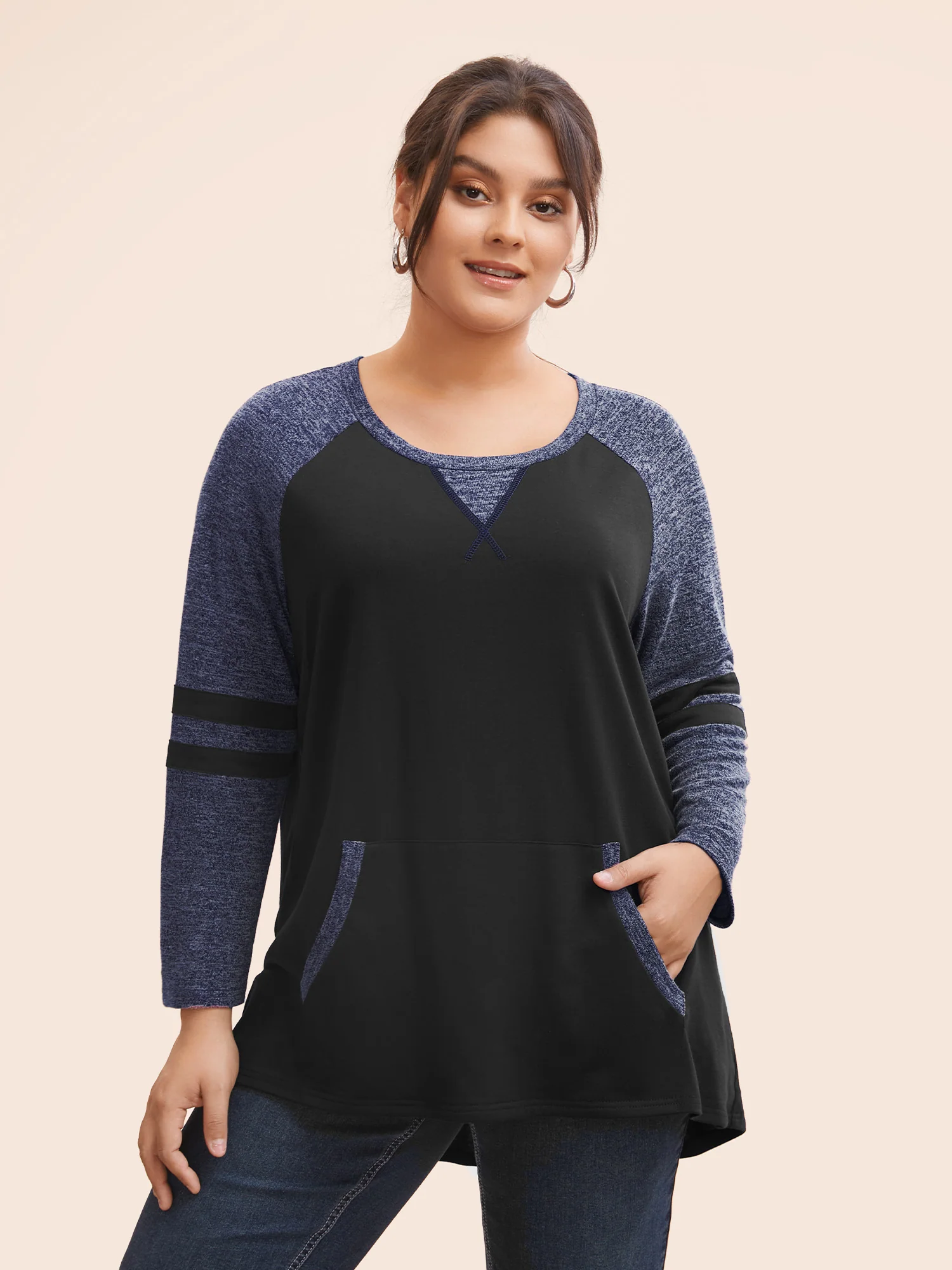 Striped Contrast Pocket Raglan Sleeve High Low Hem Sweatshirt - Image 8
