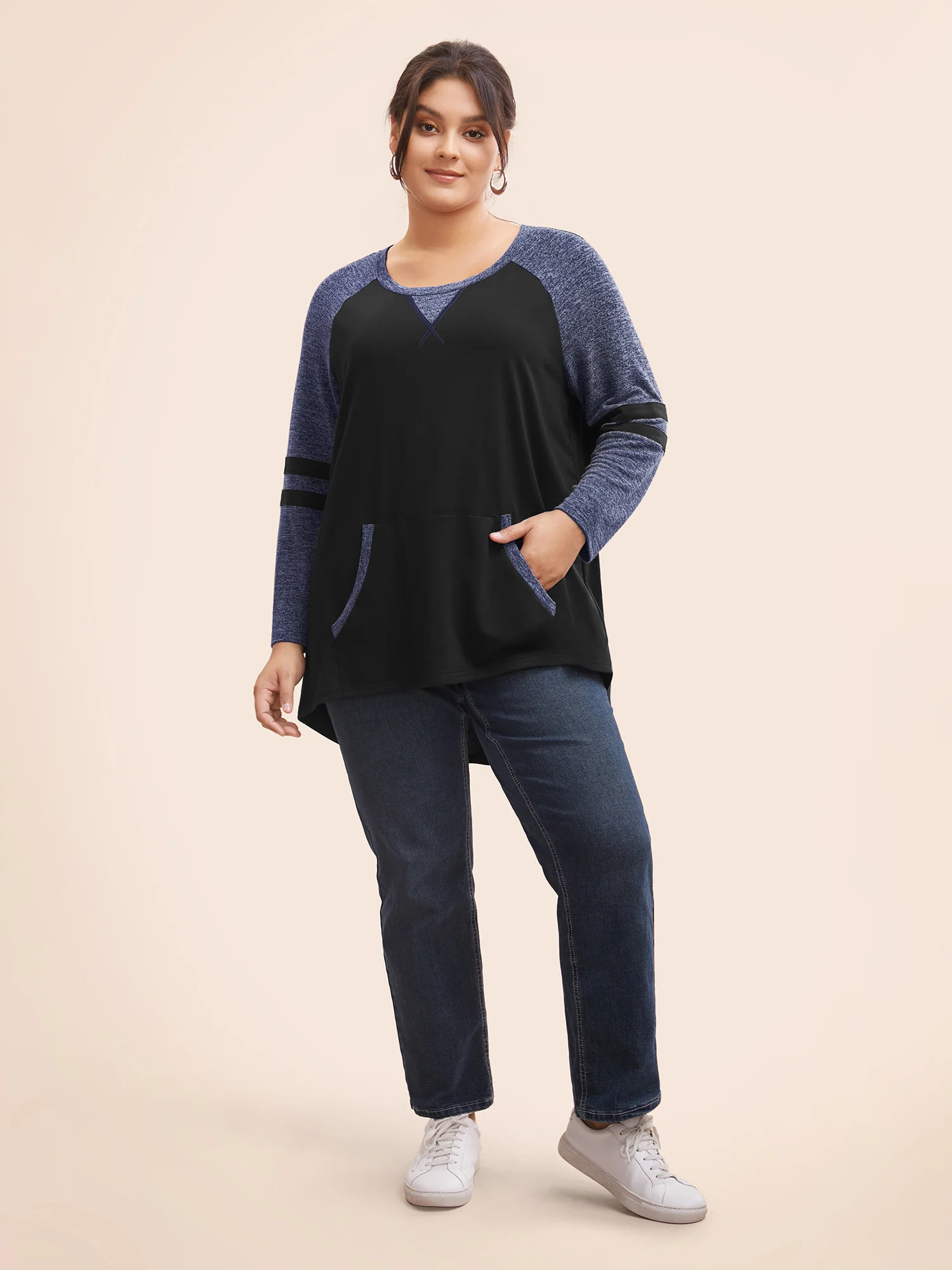 Striped Contrast Pocket Raglan Sleeve High Low Hem Sweatshirt - Image 9
