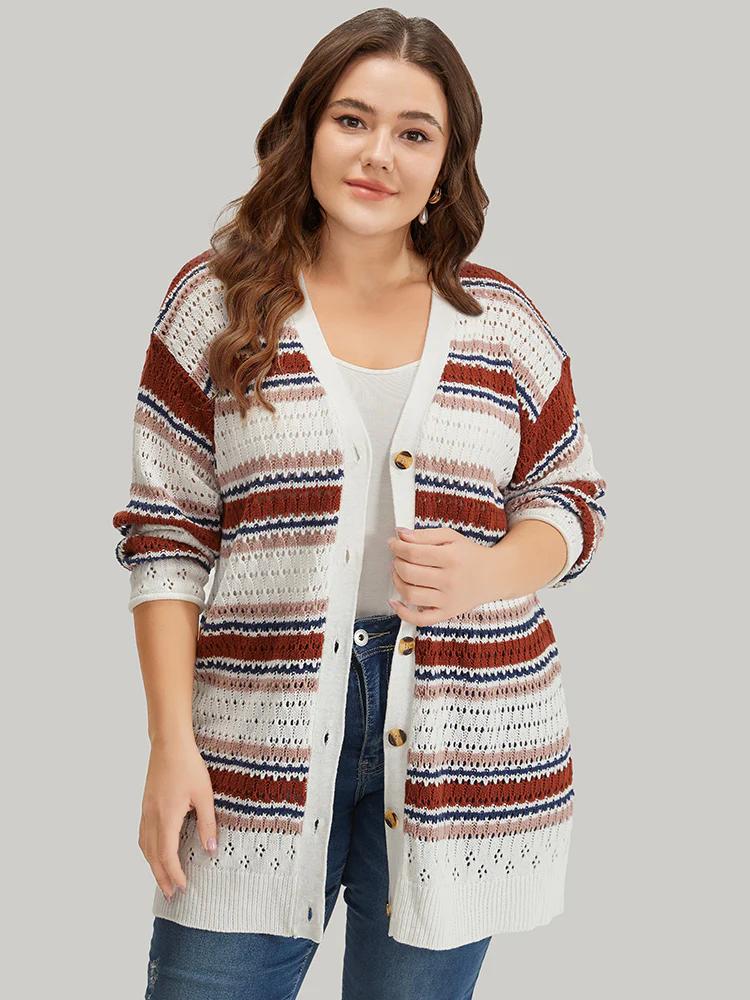 Striped Contrast Pointelle Knit Button Through Cardigan - Image 3