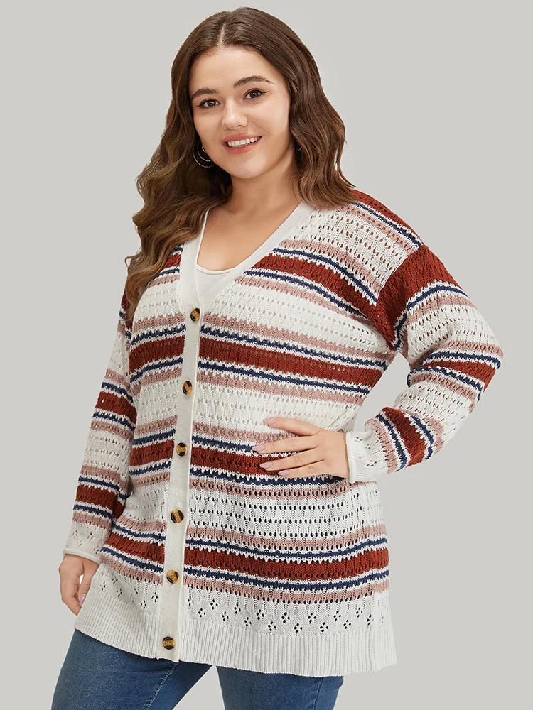 Striped Contrast Pointelle Knit Button Through Cardigan - Image 6