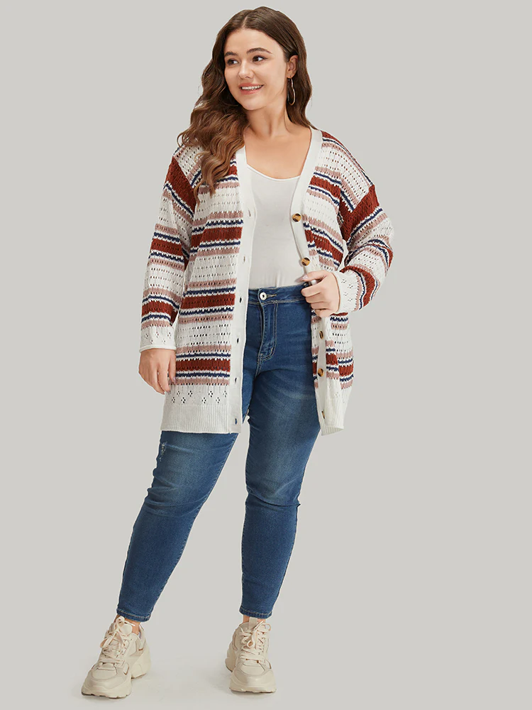 Striped Contrast Pointelle Knit Button Through Cardigan - Image 7