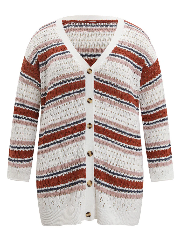 Striped Contrast Pointelle Knit Button Through Cardigan - Image 9