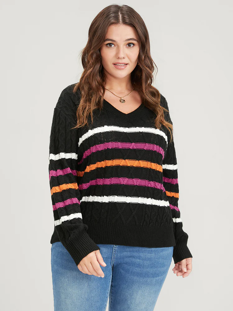 Striped Contrast Pointelle Knit Geometric Jacquard Knit Top - Image 2