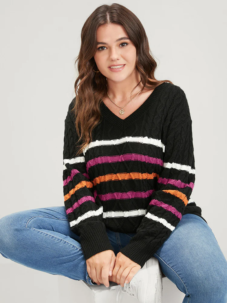 Striped Contrast Pointelle Knit Geometric Jacquard Knit Top - Image 3