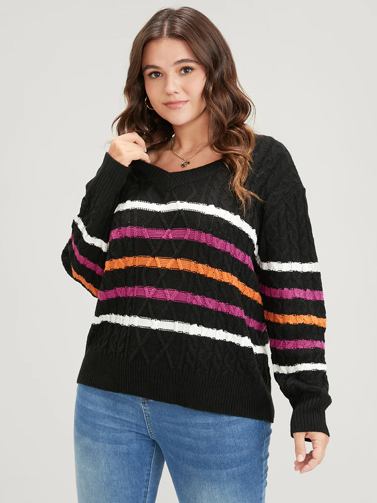 Striped Contrast Pointelle Knit Geometric Jacquard Knit Top - Image 4