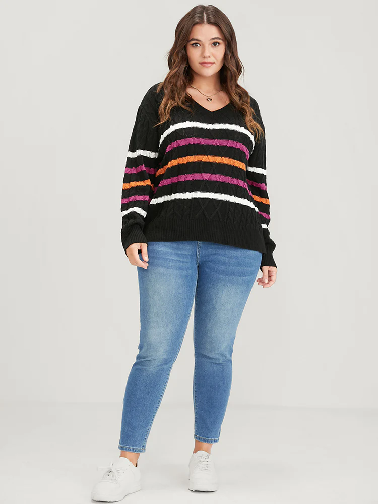 Striped Contrast Pointelle Knit Geometric Jacquard Knit Top - Image 5