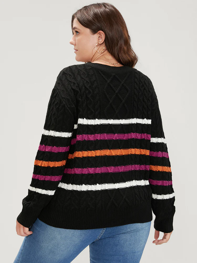 Striped Contrast Pointelle Knit Geometric Jacquard Knit Top - Image 6