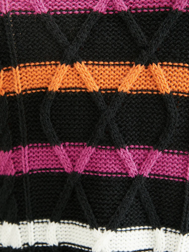 Striped Contrast Pointelle Knit Geometric Jacquard Knit Top - Image 7