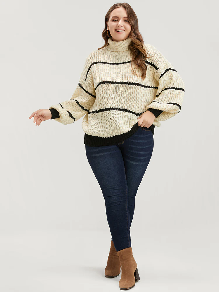 Striped Contrast Pointelle Knit Lantern Sleeve Funnel Neck Knit Top - Image 2