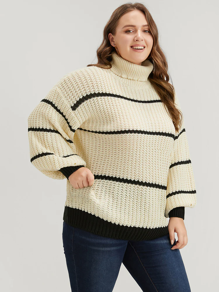 Striped Contrast Pointelle Knit Lantern Sleeve Funnel Neck Knit Top - Image 3