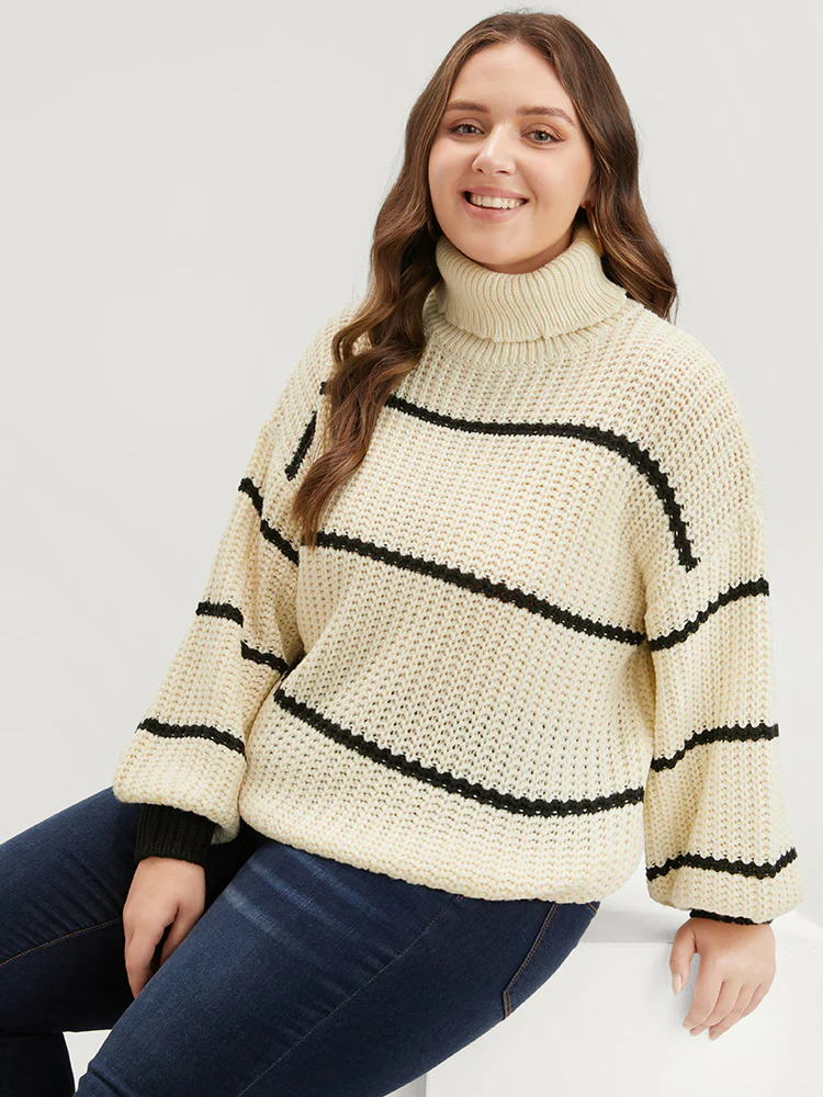 Striped Contrast Pointelle Knit Lantern Sleeve Funnel Neck Knit Top - Image 4