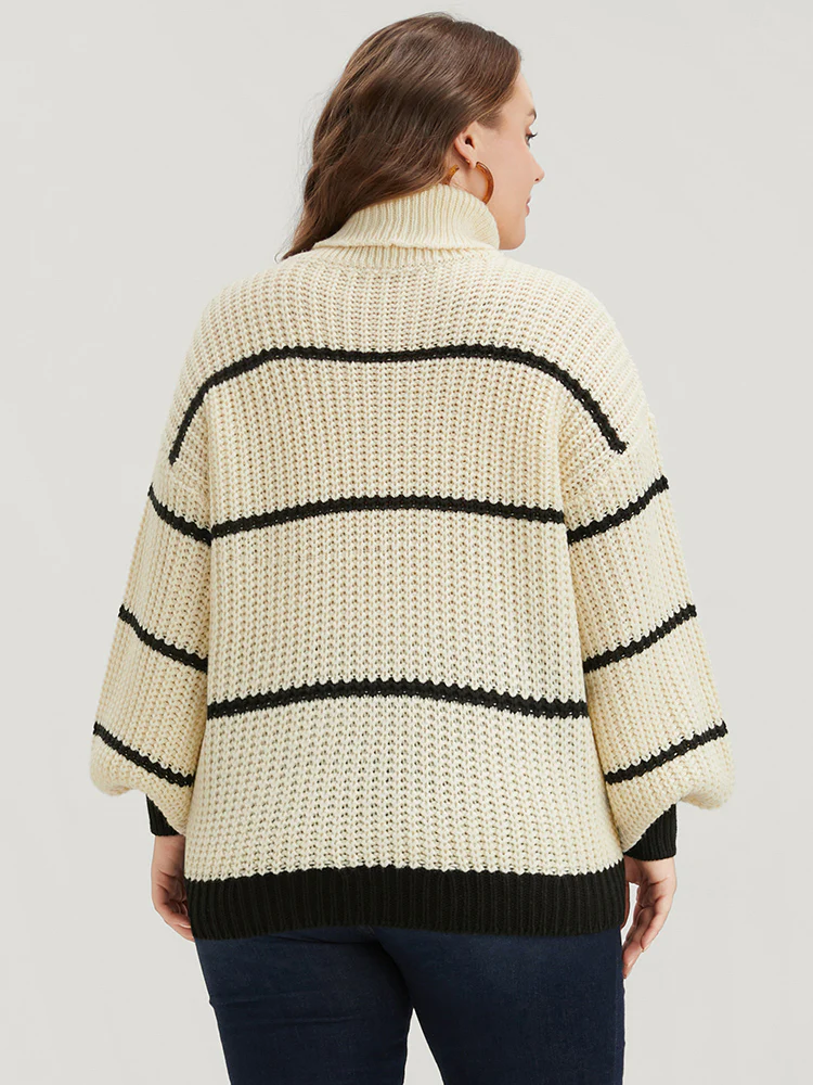 Striped Contrast Pointelle Knit Lantern Sleeve Funnel Neck Knit Top - Image 5