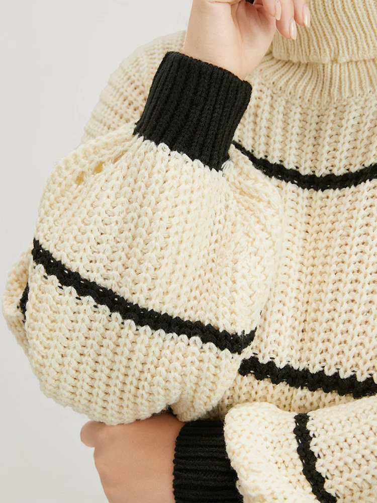 Striped Contrast Pointelle Knit Lantern Sleeve Funnel Neck Knit Top - Image 6