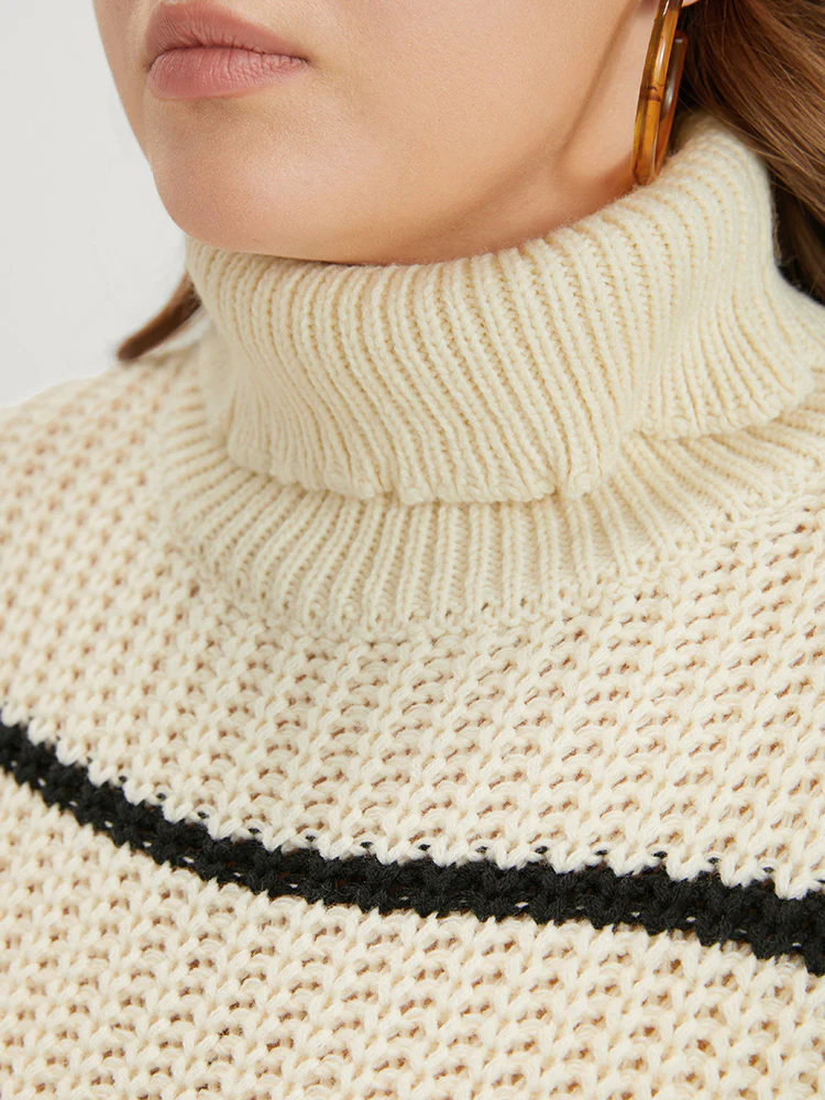 Striped Contrast Pointelle Knit Lantern Sleeve Funnel Neck Knit Top - Image 7