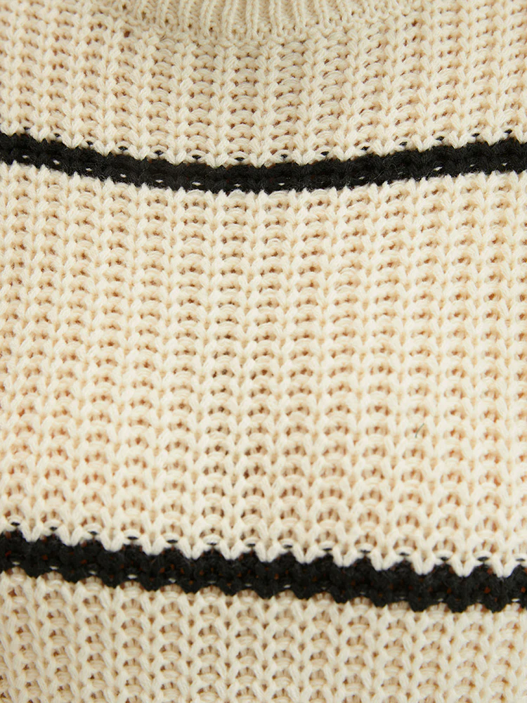 Striped Contrast Pointelle Knit Lantern Sleeve Funnel Neck Knit Top - Image 8