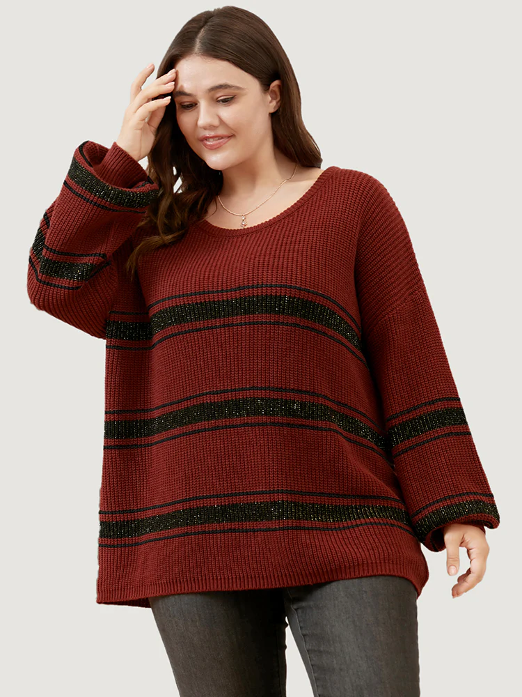 Striped Contrast Pointelle Knit Lantern Sleeve Round Neck Knit Top - Image 2