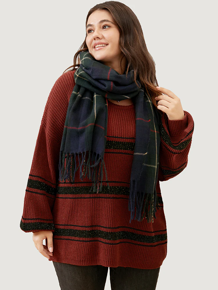 Striped Contrast Pointelle Knit Lantern Sleeve Round Neck Knit Top - Image 3