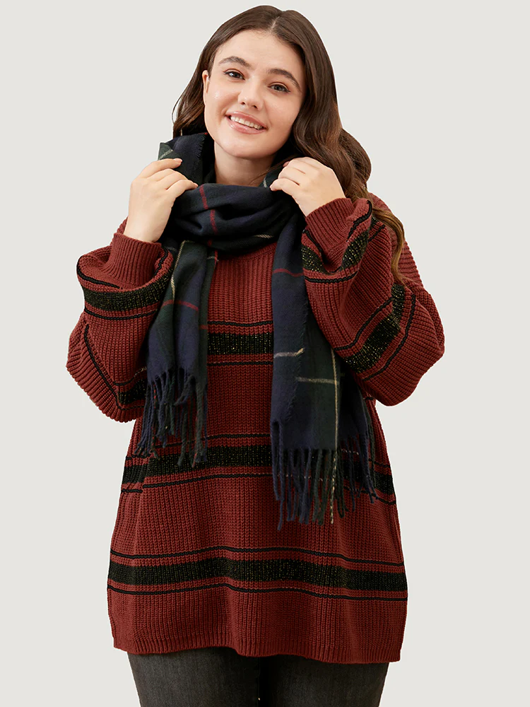 Striped Contrast Pointelle Knit Lantern Sleeve Round Neck Knit Top - Image 4
