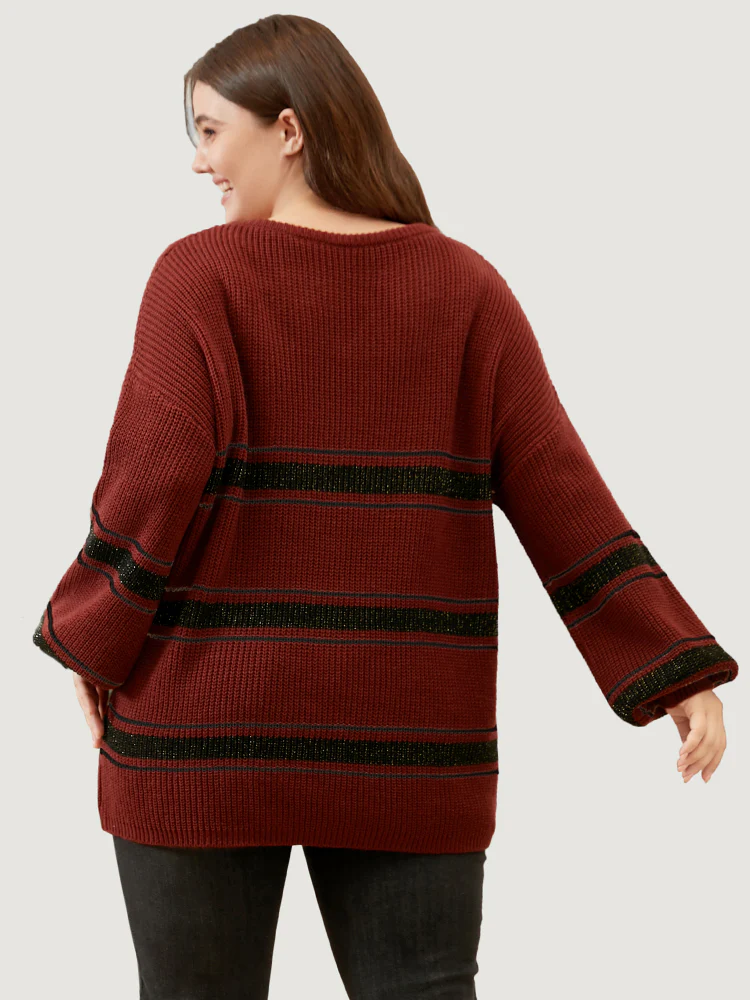 Striped Contrast Pointelle Knit Lantern Sleeve Round Neck Knit Top - Image 5