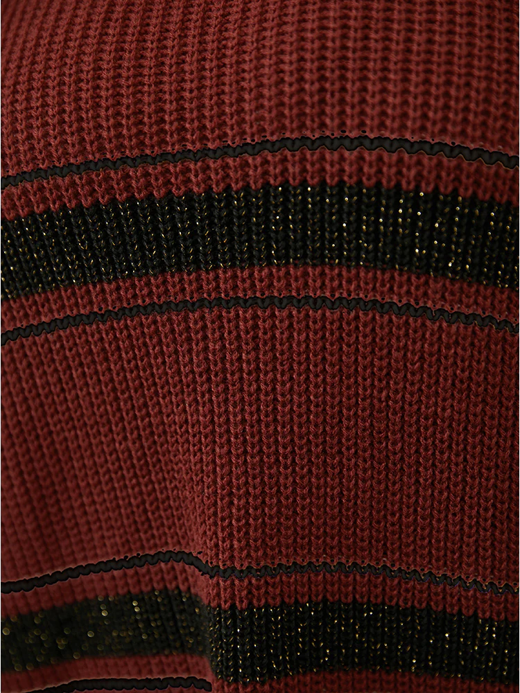 Striped Contrast Pointelle Knit Lantern Sleeve Round Neck Knit Top - Image 6