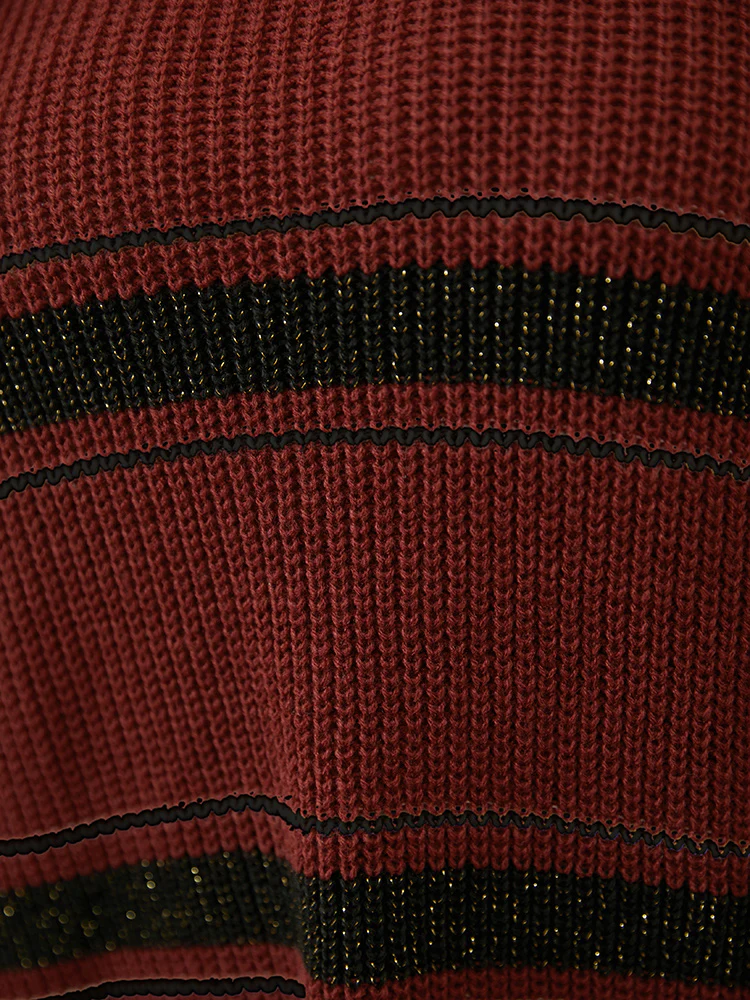 Striped Contrast Pointelle Knit Lantern Sleeve Round Neck Knit Top - Image 7