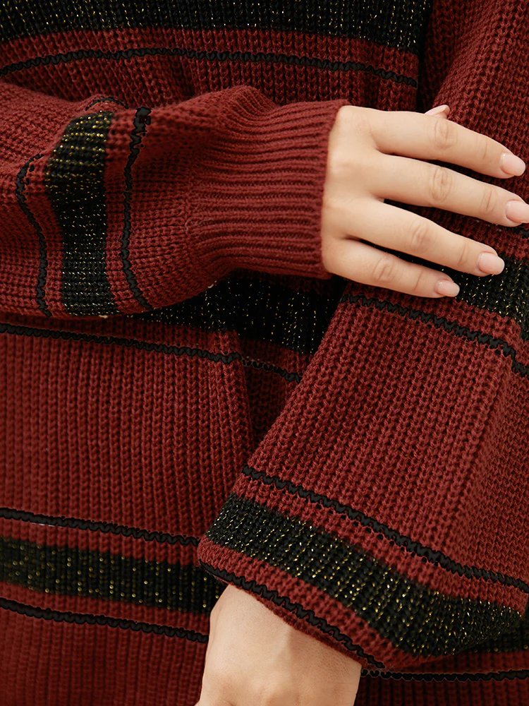 Striped Contrast Pointelle Knit Lantern Sleeve Round Neck Knit Top - Image 8
