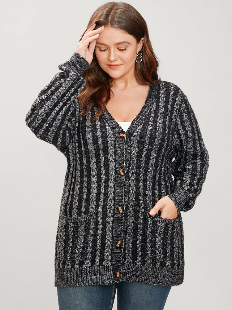Striped Contrast Pointelle Knit Pocket Button Front Heather Cardigan - Image 3
