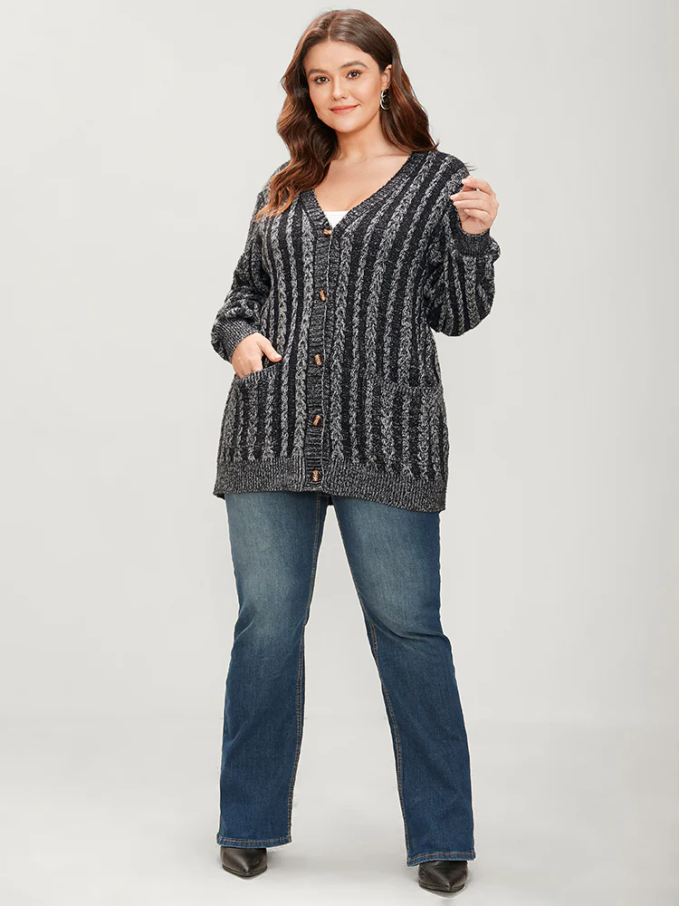 Striped Contrast Pointelle Knit Pocket Button Front Heather Cardigan - Image 4