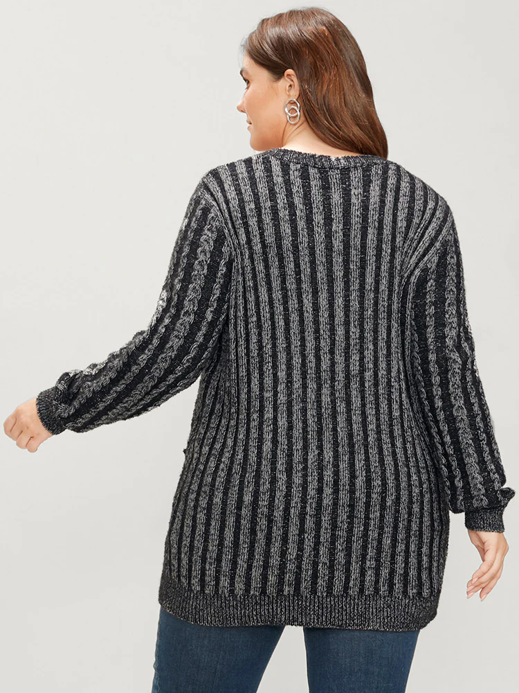 Striped Contrast Pointelle Knit Pocket Button Front Heather Cardigan - Image 5