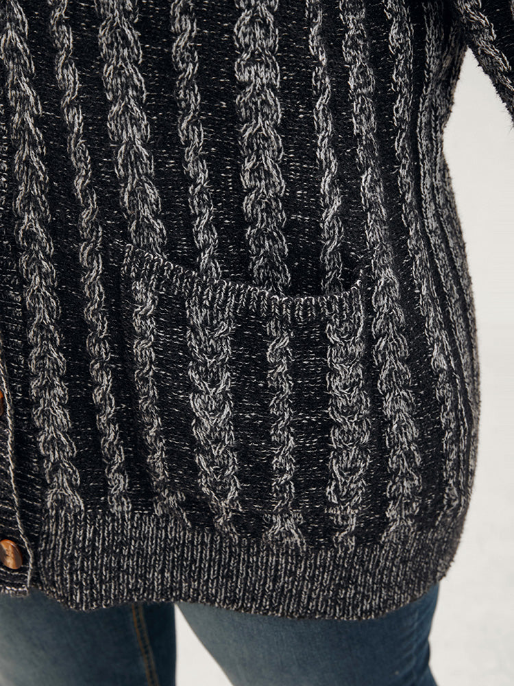 Striped Contrast Pointelle Knit Pocket Button Front Heather Cardigan - Image 7