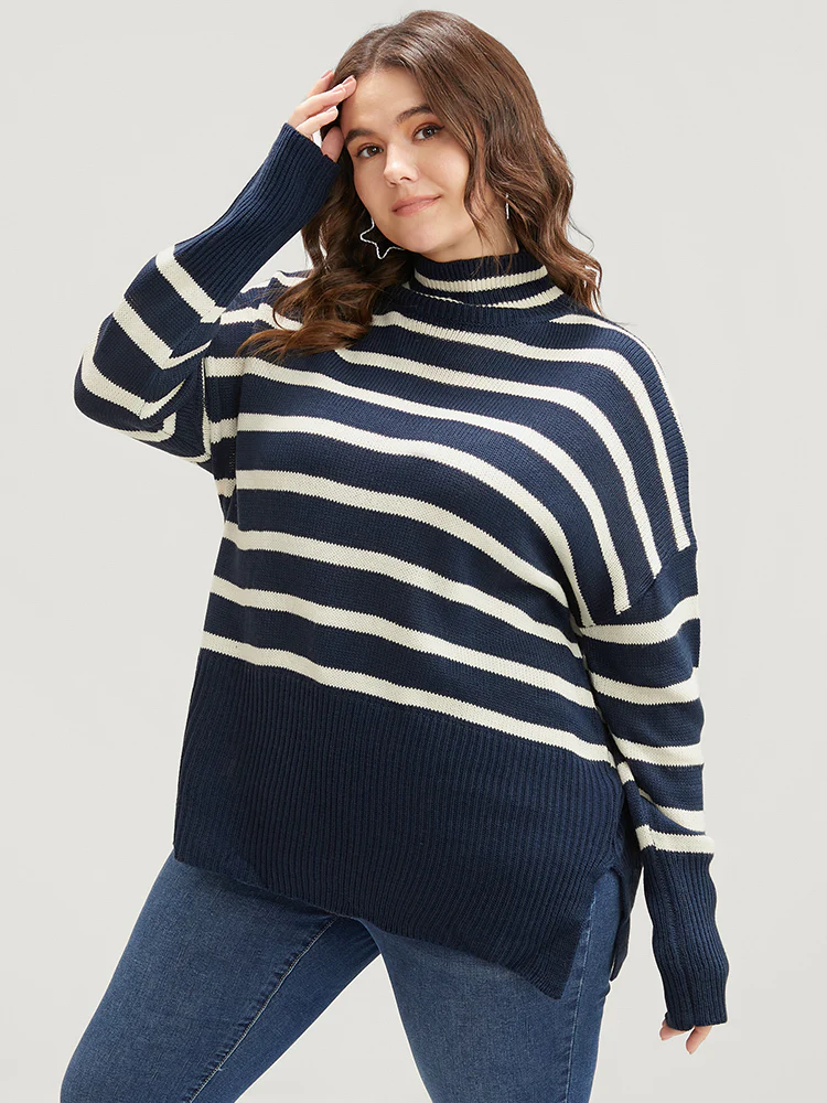 Striped Contrast Pointelle Knit Split Hem Mock Neck Knit Top - Image 2