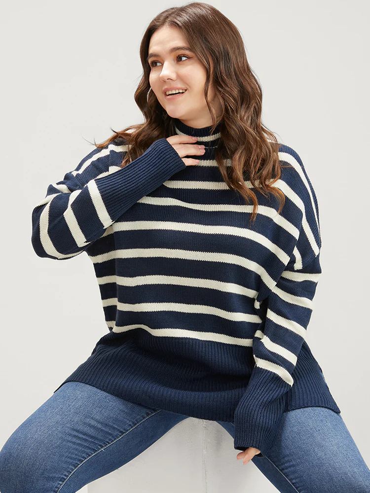 Striped Contrast Pointelle Knit Split Hem Mock Neck Knit Top - Image 3