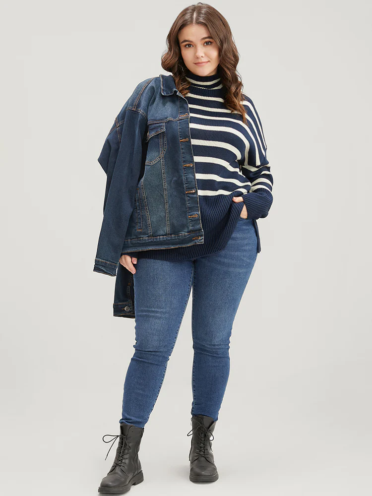 Striped Contrast Pointelle Knit Split Hem Mock Neck Knit Top - Image 4