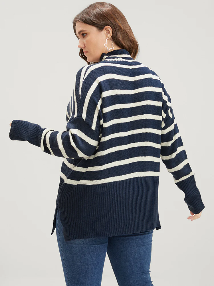 Striped Contrast Pointelle Knit Split Hem Mock Neck Knit Top - Image 5