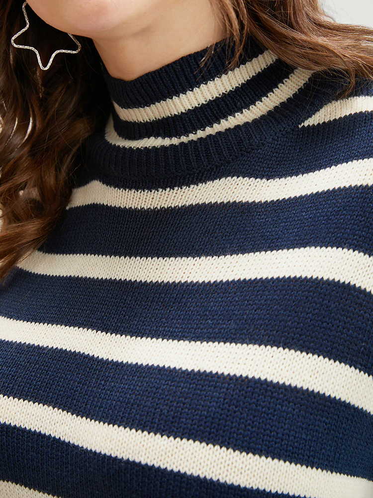 Striped Contrast Pointelle Knit Split Hem Mock Neck Knit Top - Image 6