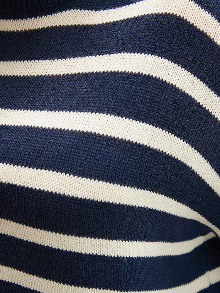 Striped Contrast Pointelle Knit Split Hem Mock Neck Knit Top - Image 7