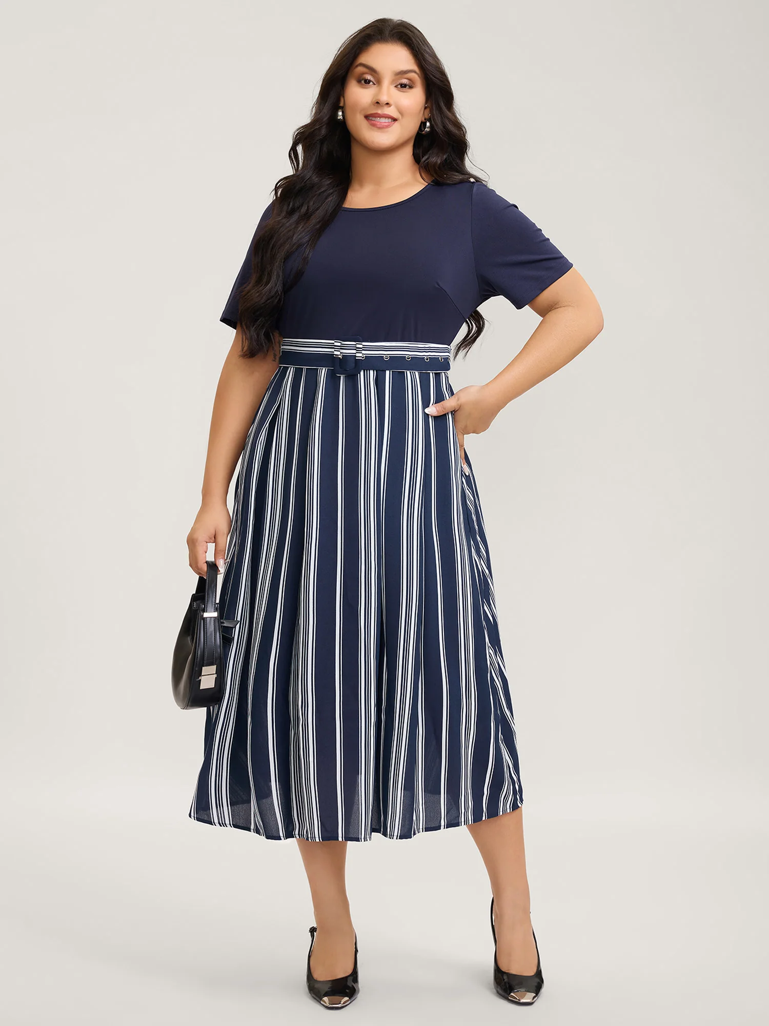Striped Contrast Print Waist-Cinched Midi Dress - Image 3
