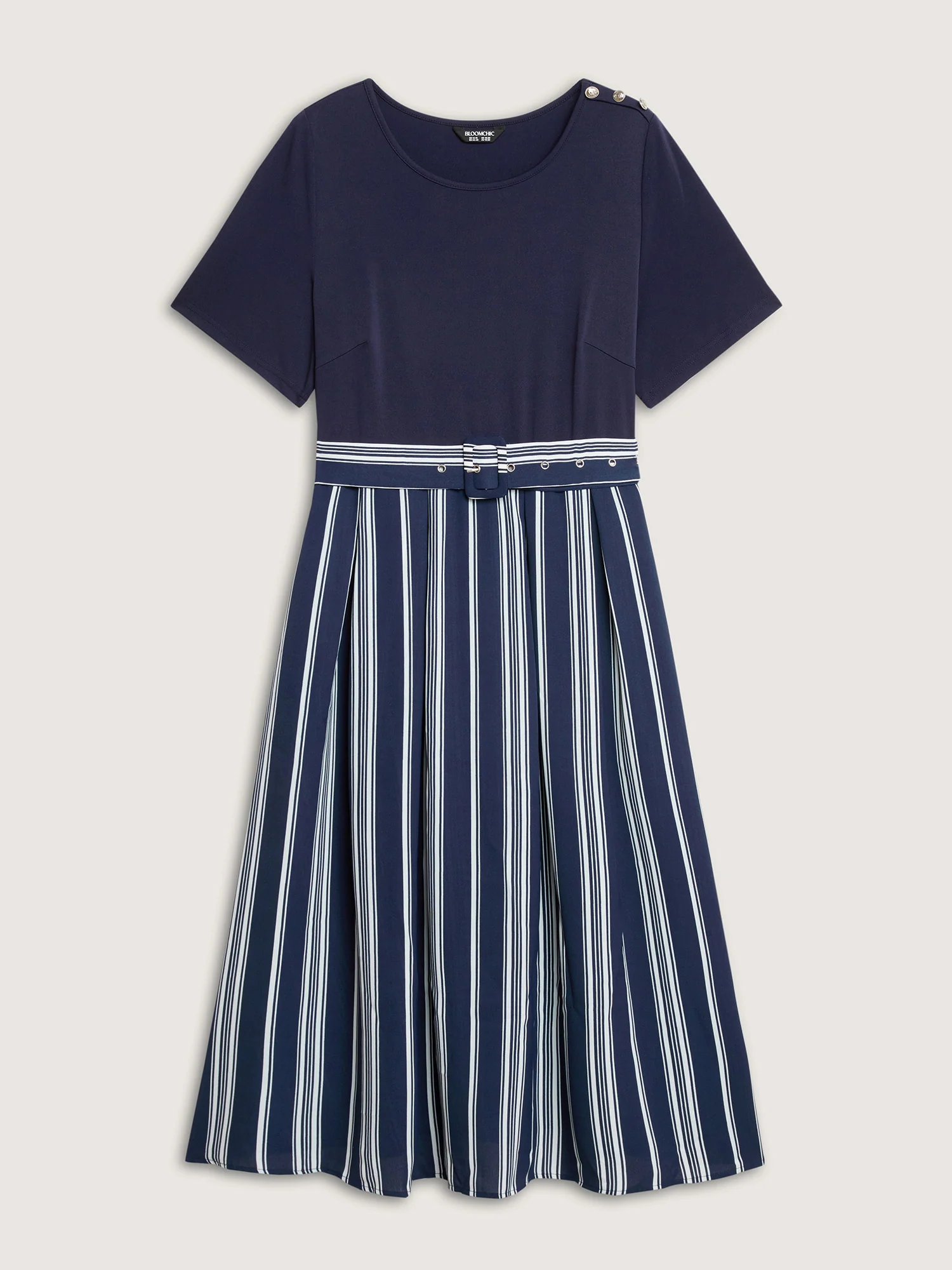Striped Contrast Print Waist-Cinched Midi Dress - Image 7