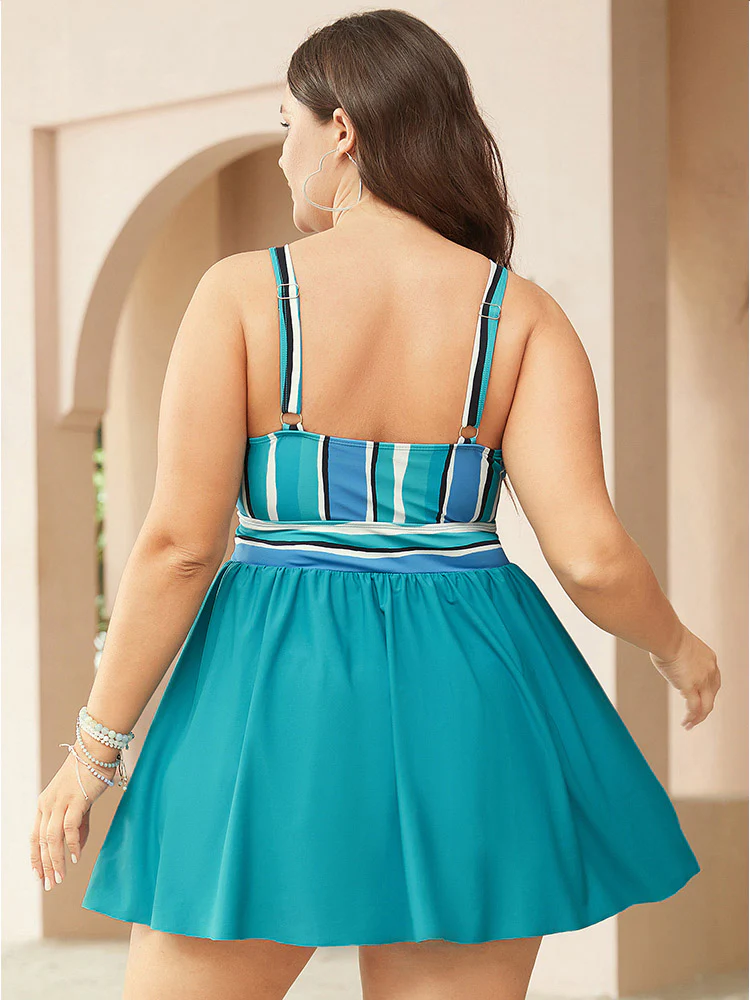 Striped Contrast Ptachwork V Neck Ruffle Trim Swim Dress - Image 2