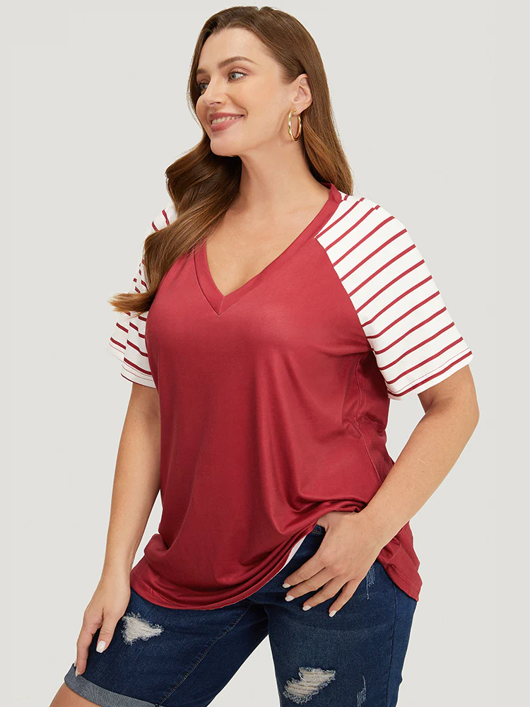 Striped Contrast Raglan Sleeve V Neck T-shirt - Image 2