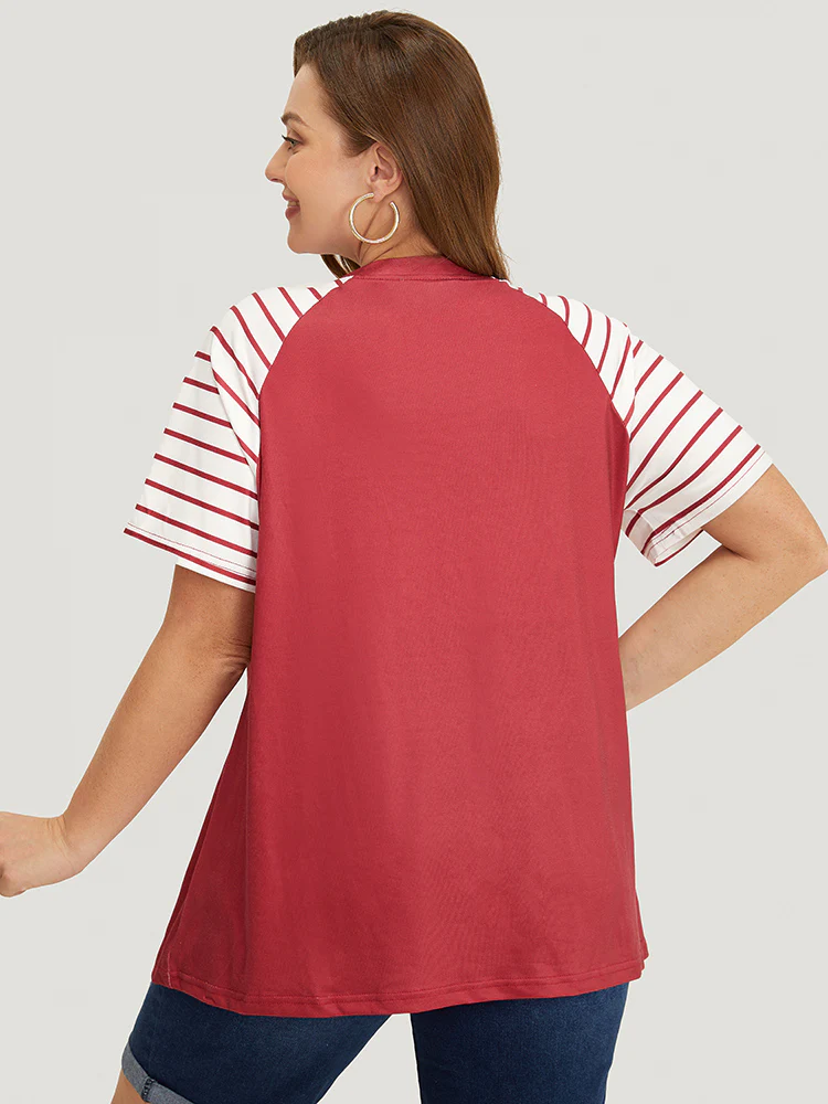 Striped Contrast Raglan Sleeve V Neck T-shirt - Image 5