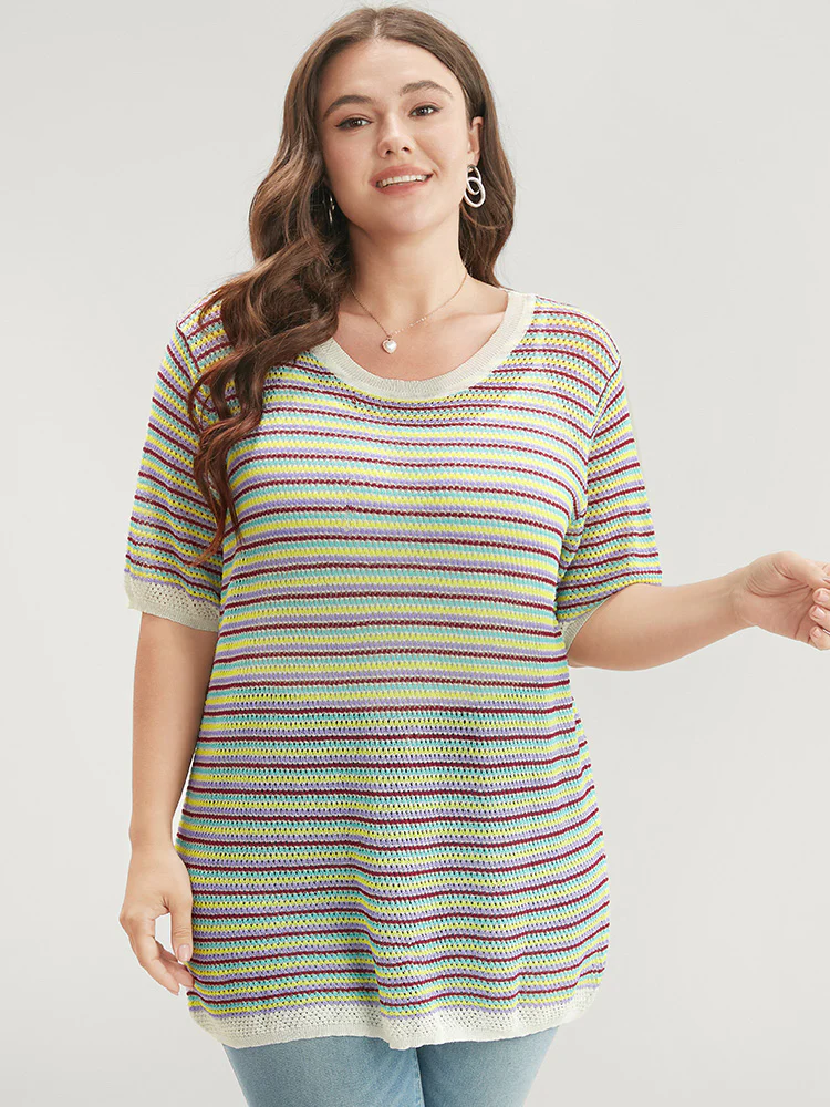 Striped Contrast Round Neck Knit Top - Image 3