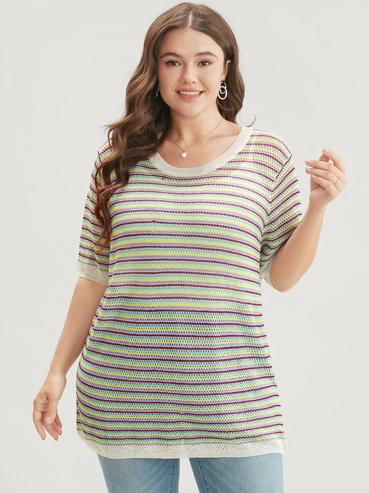 Striped Contrast Round Neck Knit Top - Image 4