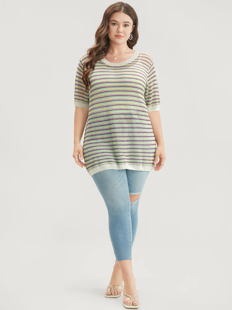 Striped Contrast Round Neck Knit Top - Image 5