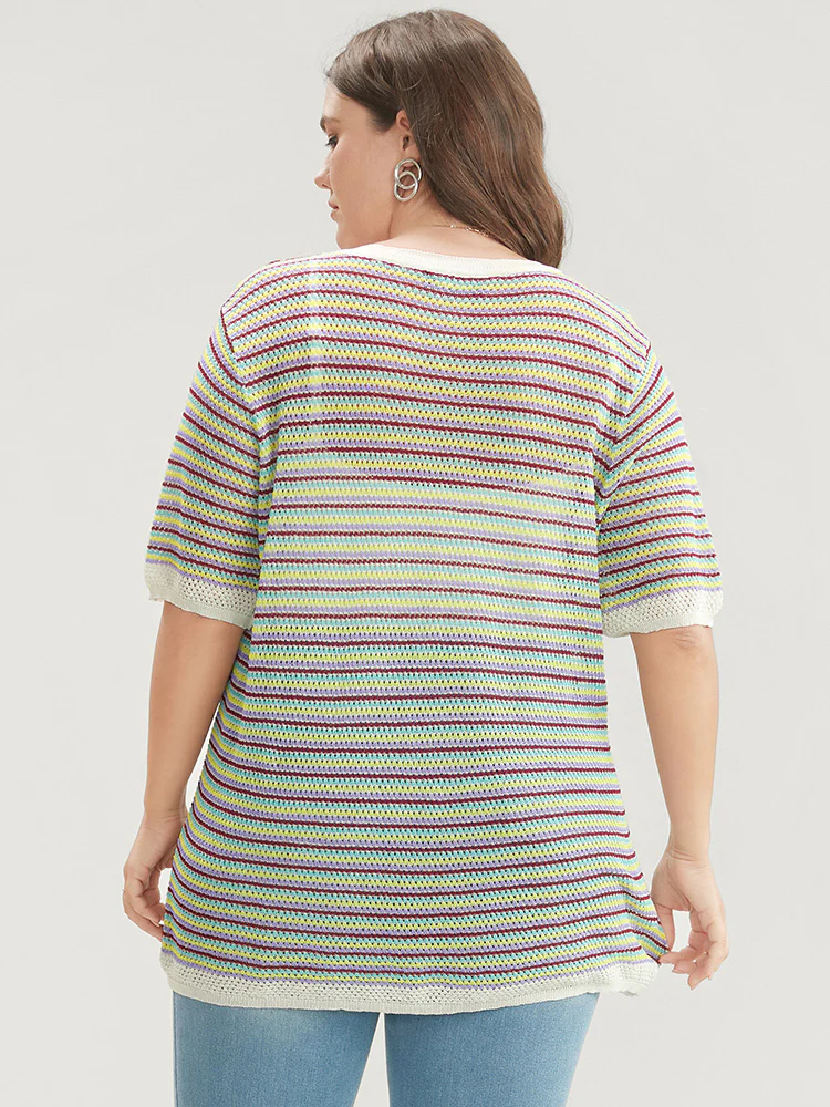 Striped Contrast Round Neck Knit Top - Image 6
