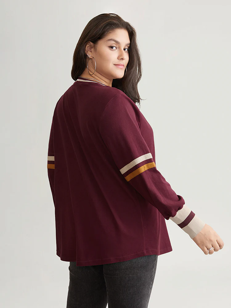 Striped Contrast Round Neck Rib Knit Sweatshirt - Image 2