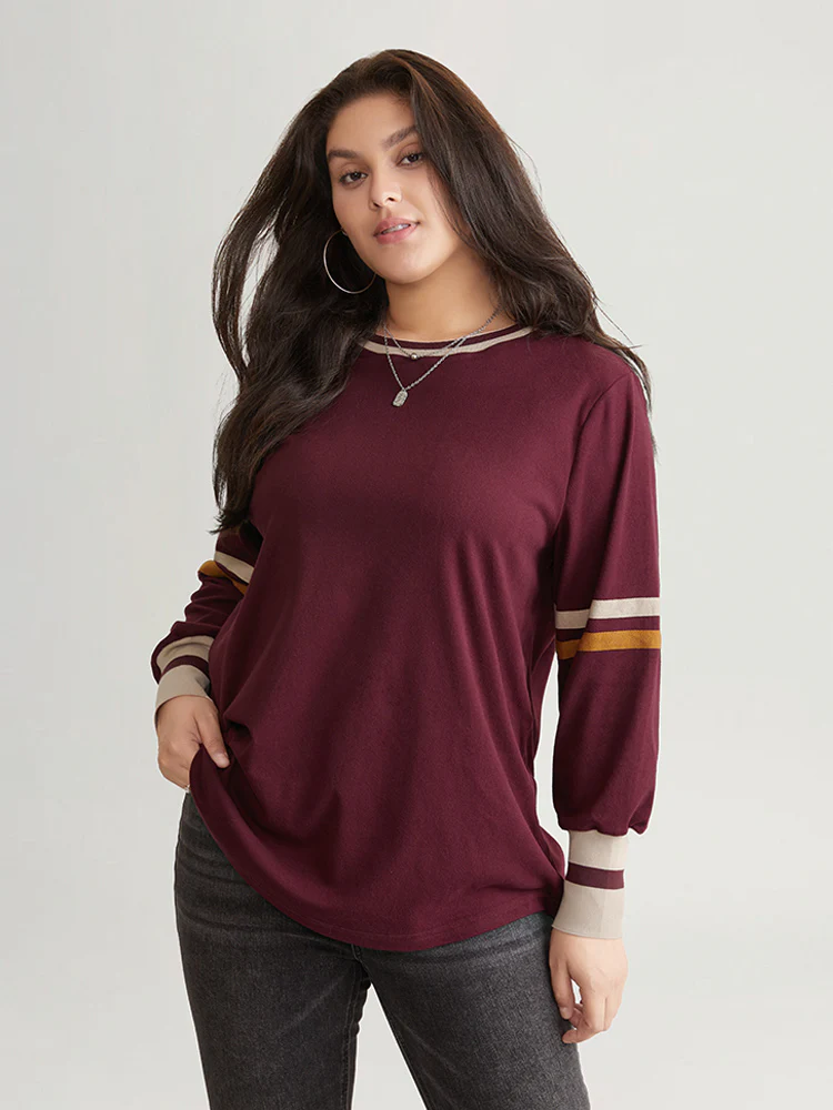 Striped Contrast Round Neck Rib Knit Sweatshirt - Image 3